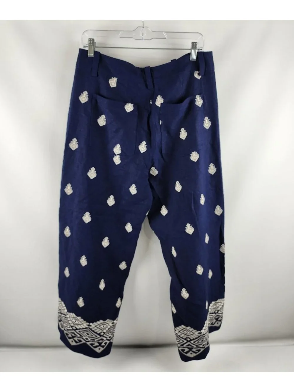 ZARA Pants Womens L Blue Linen Blend Embroidered High Waist Culotte (32x26) NWT